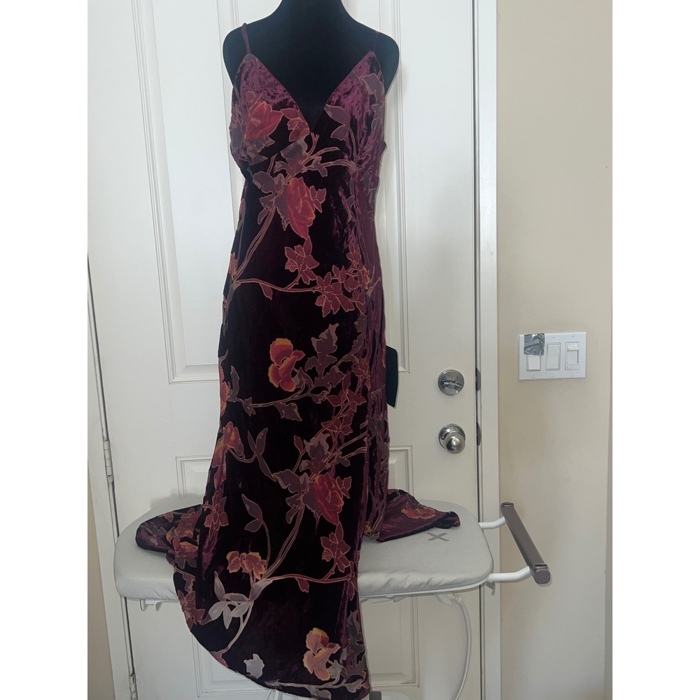 Burgundy Fall Floral Burnout Goth Whimsigoth Velvet Midi V-Neck Dress Sz XL